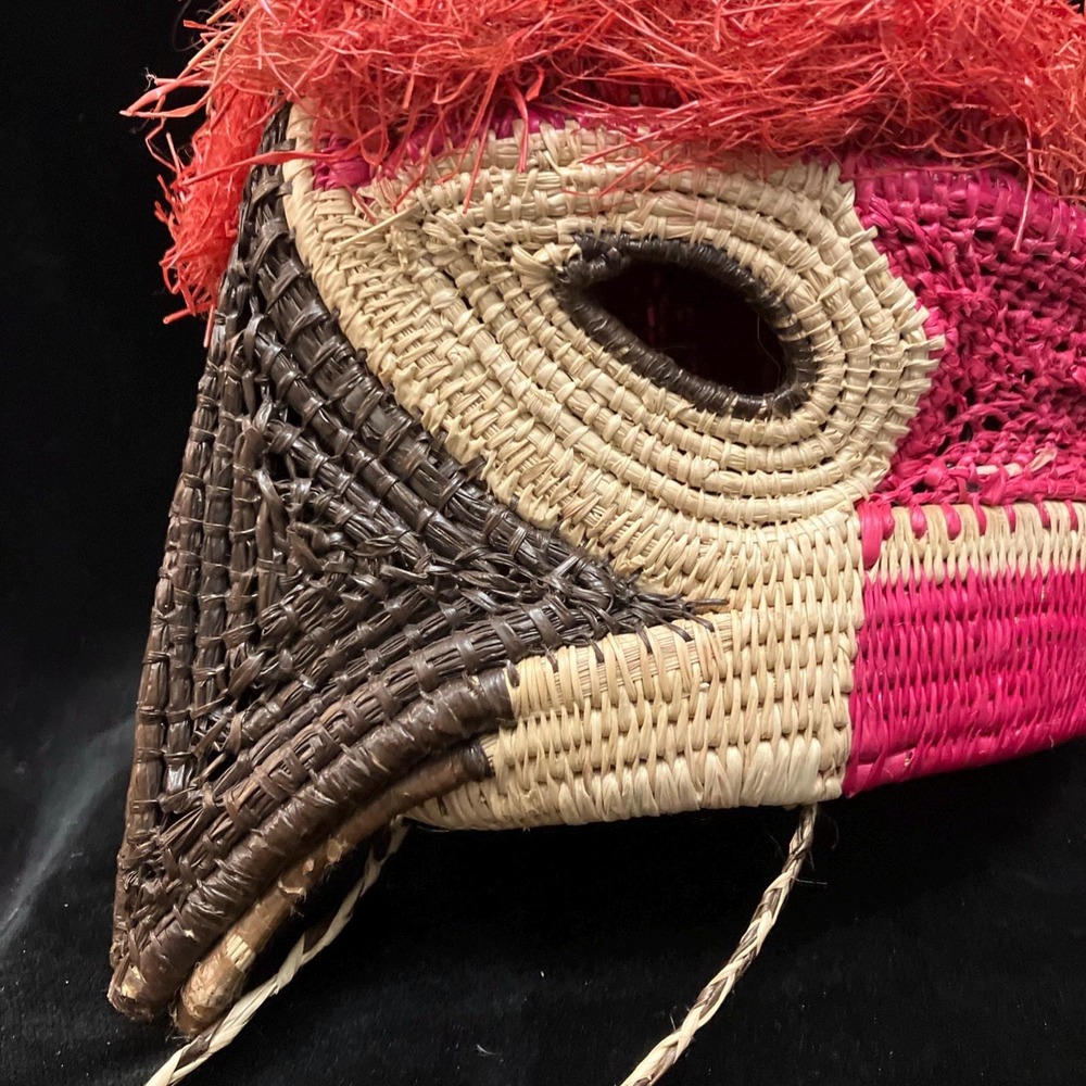 Wounaan-Darien Region Panama Tribal Chunga Basketry Hanging Mask Red Pink Brown